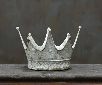 Crown Dish Large in Blanca finish - aged white metal crown dish with ball finials on timber surface