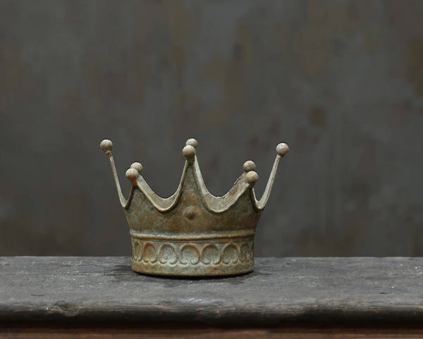 Crown Dish Small in Oxido finish - aged white metal crown dish with ball finials on timber surface
