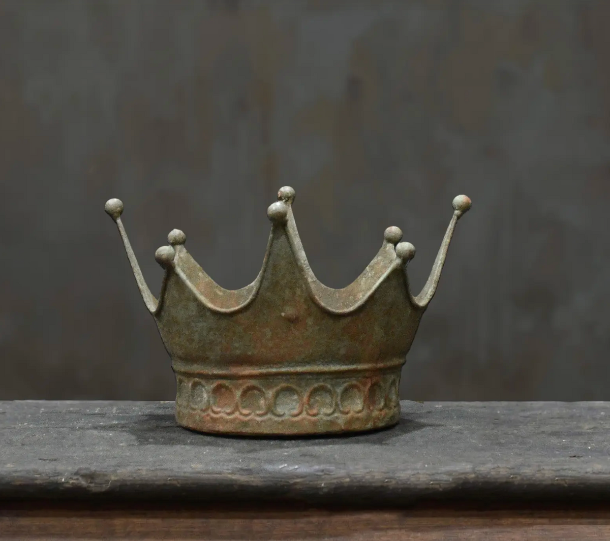 Crown Dish Medium in Oxido finish - aged white metal crown dish with ball finials on timber surface