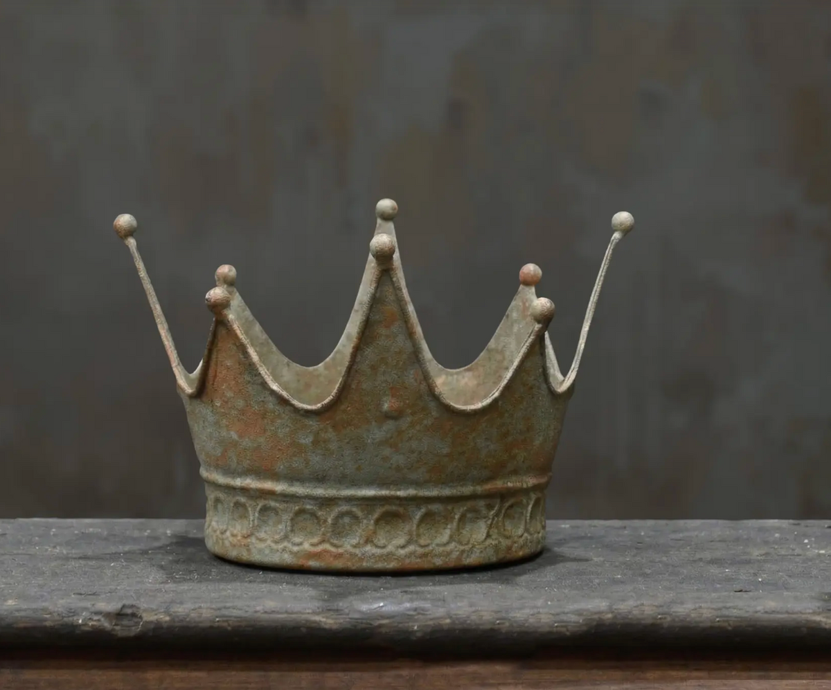 Crown Dish Large in Oxido finish - aged white metal crown dish with ball finials on timber surface