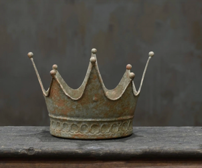 Crown Dish Large in Oxido finish - aged white metal crown dish with ball finials on timber surface