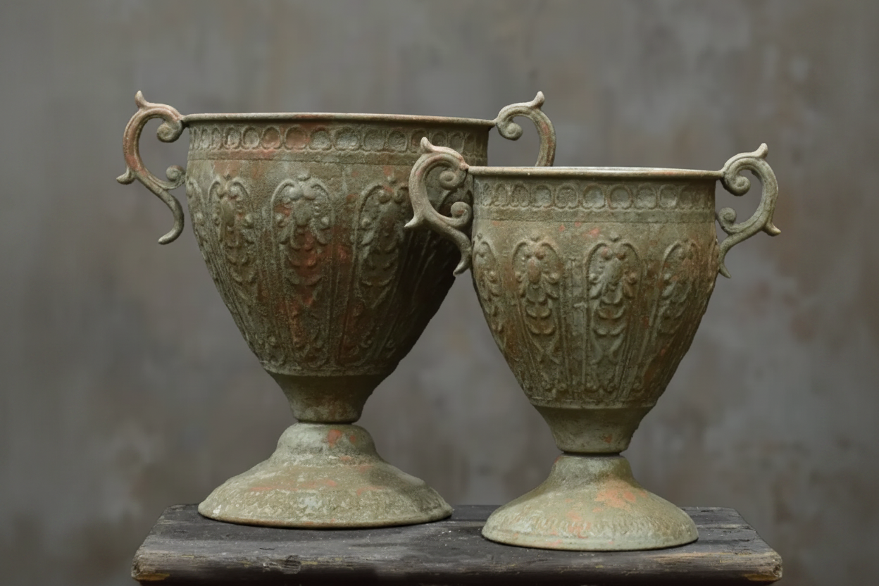 Two antique bronze urn-style vases with ornate handles and embossed floral relief patterns, displayed side by side on a dark wooden surface against a textured gray wall.
