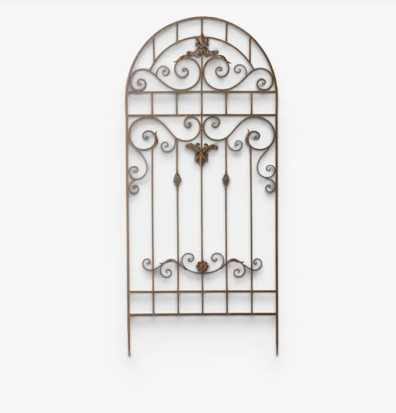An ornate wrought iron gate screen with an arched top and decorative scrollwork, shown against a plain white background.