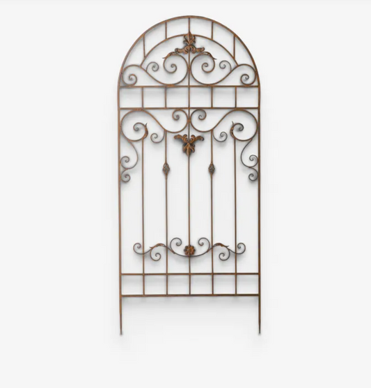 An ornate wrought iron gate screen with an arched top and decorative scrollwork, shown against a plain white background.