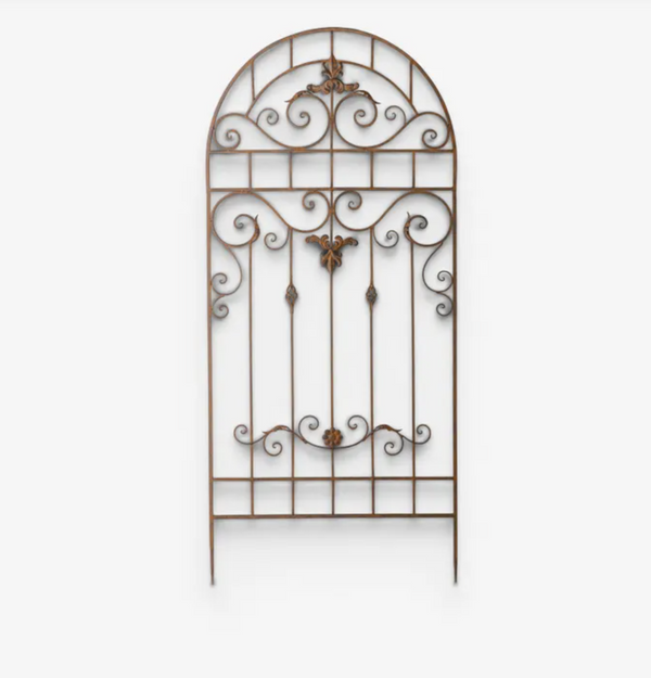 An ornate wrought iron gate screen with an arched top and decorative scrollwork, shown against a plain white background.