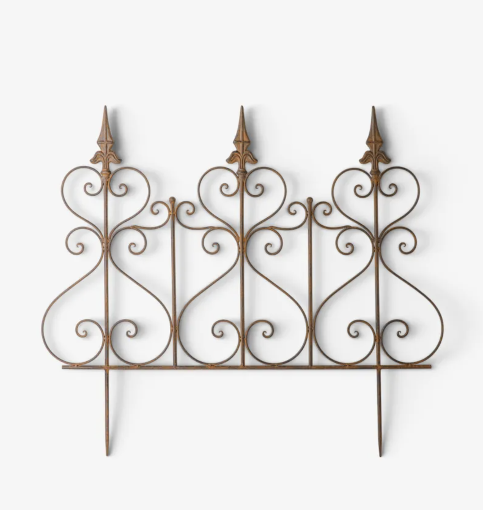 An ornate wrought iron decorative fence panel with three pointed finials and scrolled details, shown against a plain white background.