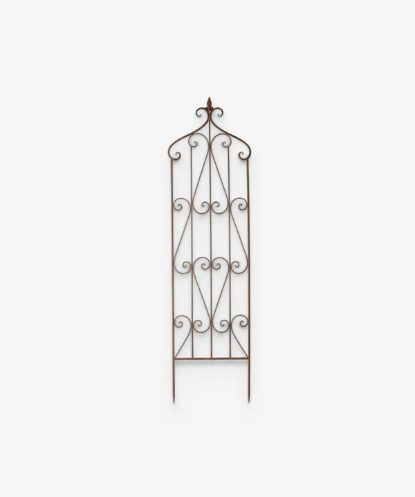 A decorative wrought iron garden trellis with an arched top and scrollwork details, shown against a plain light gray background.