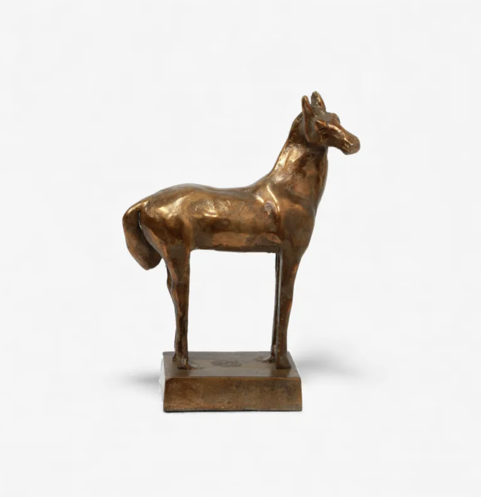 A small bronze sculpture of a standing horse on a rectangular base, photographed against a clean white background.