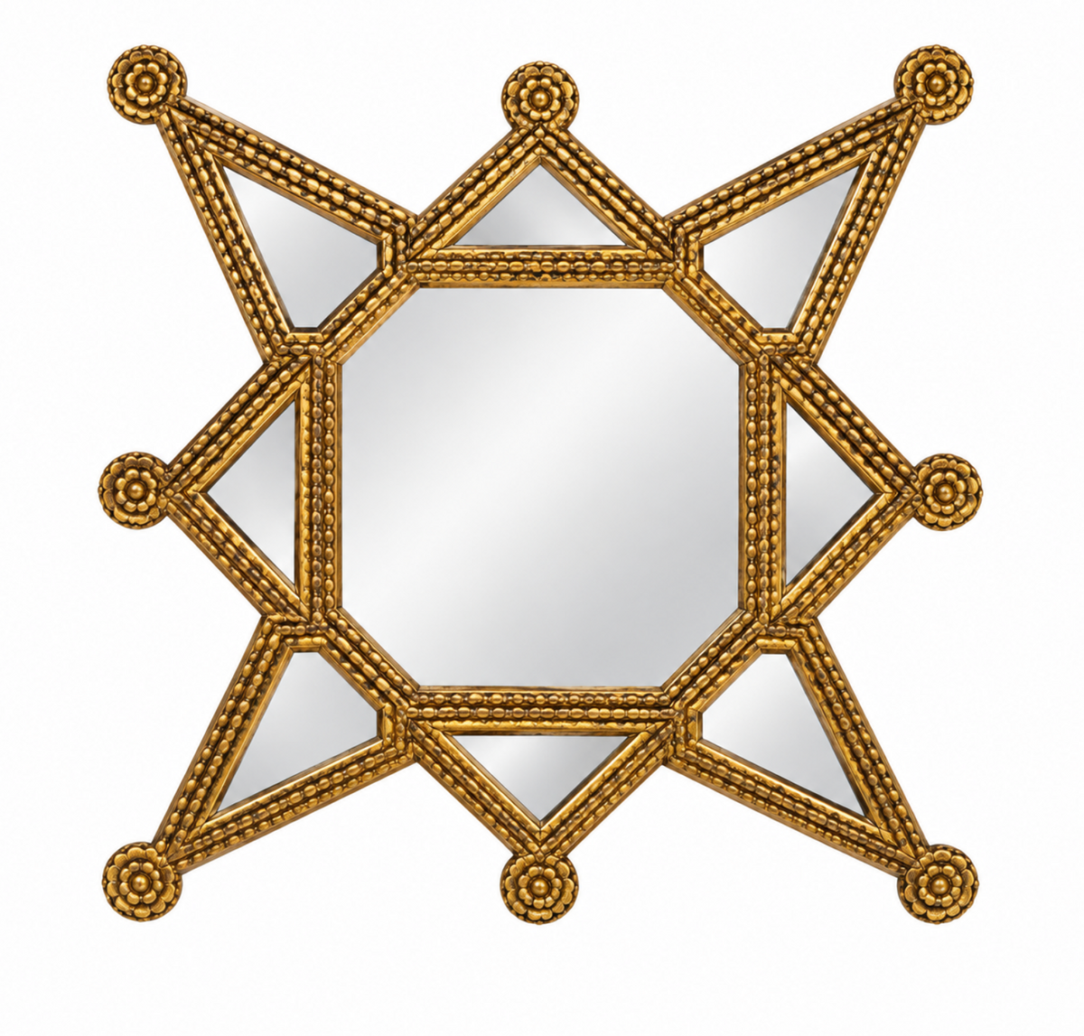 An ornate star-shaped wall mirror with a textured gold frame and six mirrored sections, isolated on a white background.
