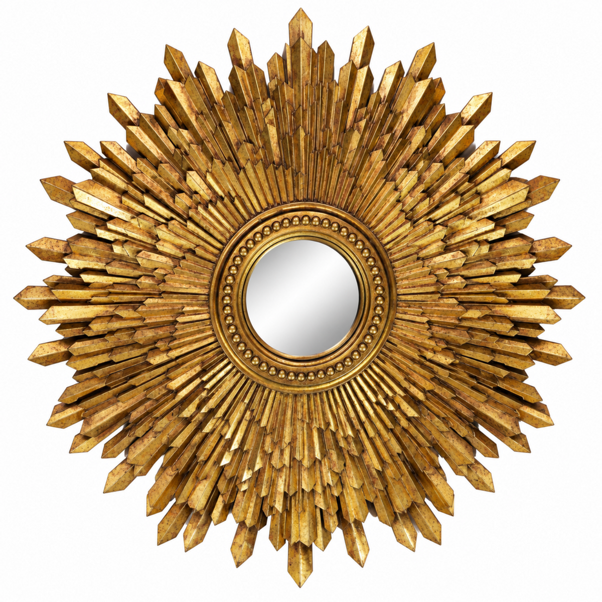 A round decorative wall mirror with an ornate sunburst frame made of many pointed gold-toned rays, shown against a plain white background.