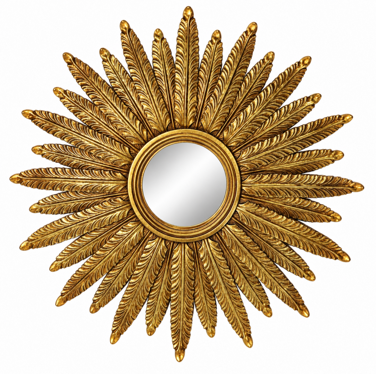 A decorative gold sunburst wall mirror with a circular reflective center and multiple radiating feather-like arms, shown on a plain white background.
