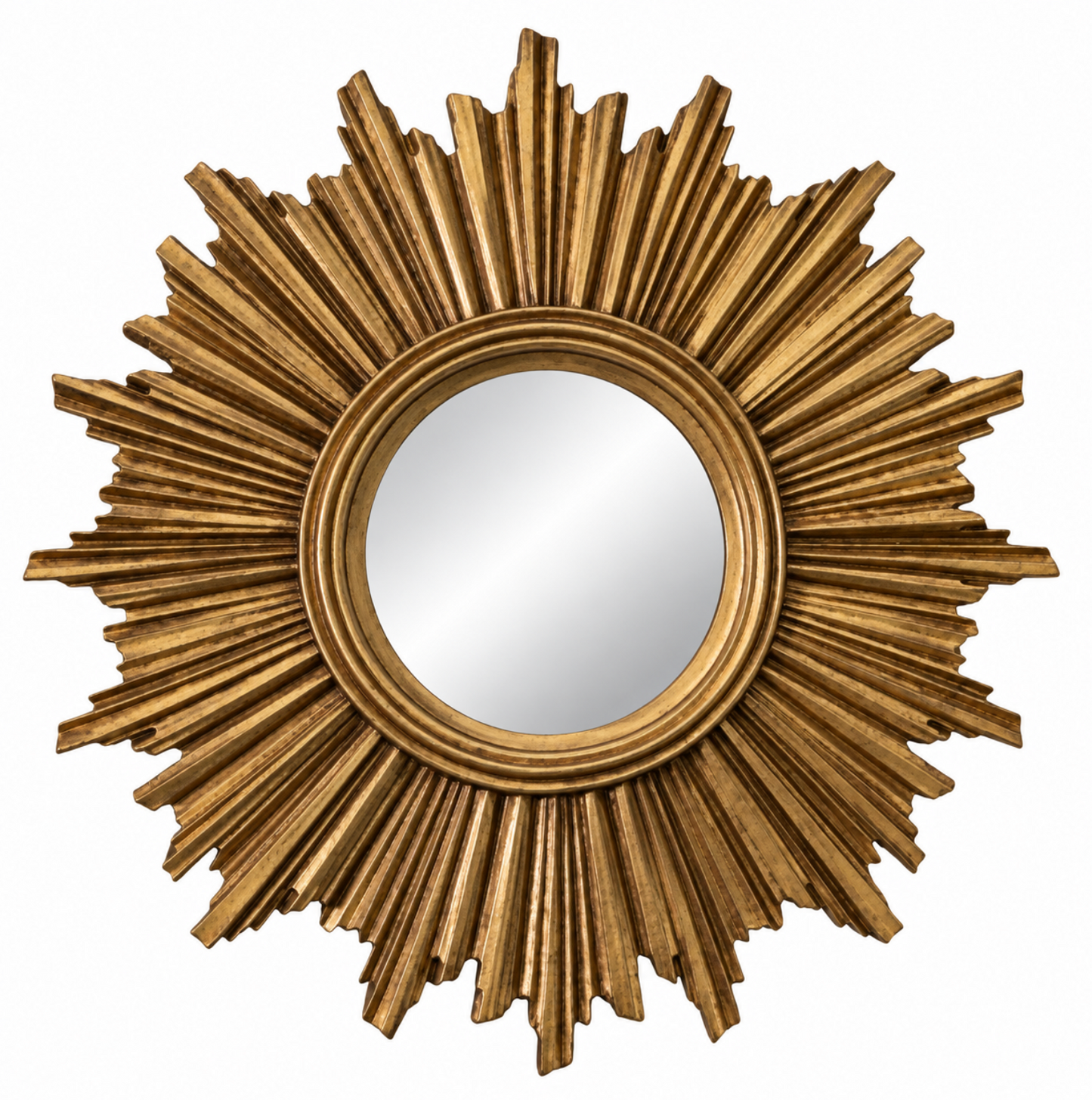 A decorative sunburst wall mirror with an ornate gold frame and a reflective oval mirror at the center, shown against a plain white background.