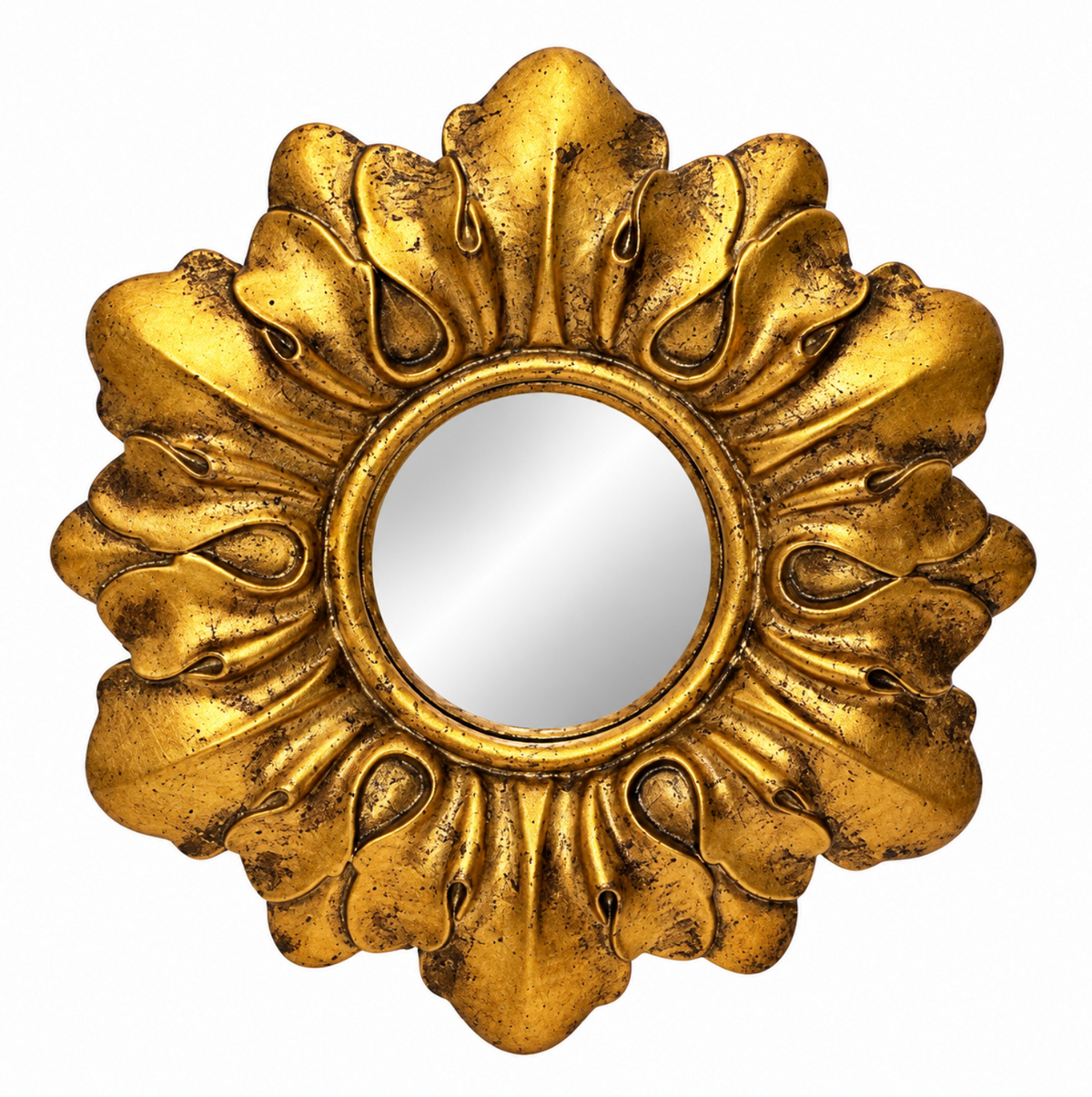 An ornate round wall mirror with a sculpted, sunburst-like gold frame featuring textured, leaf-like petals and distressed detailing, shown against a plain white background.