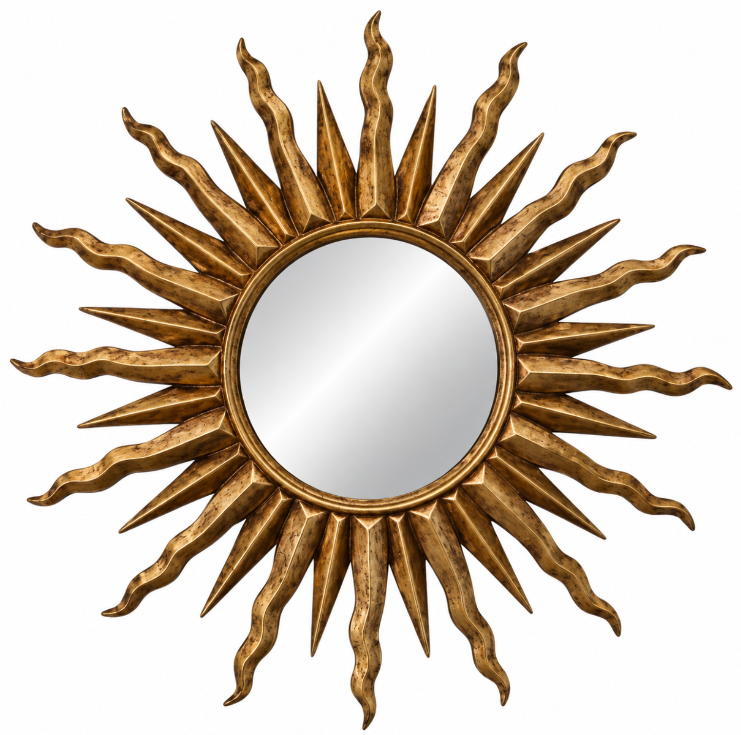 A decorative sunburst wall mirror with a textured, hammered gold frame and wavy rays radiating from a central oval mirror, shown against a plain white background.