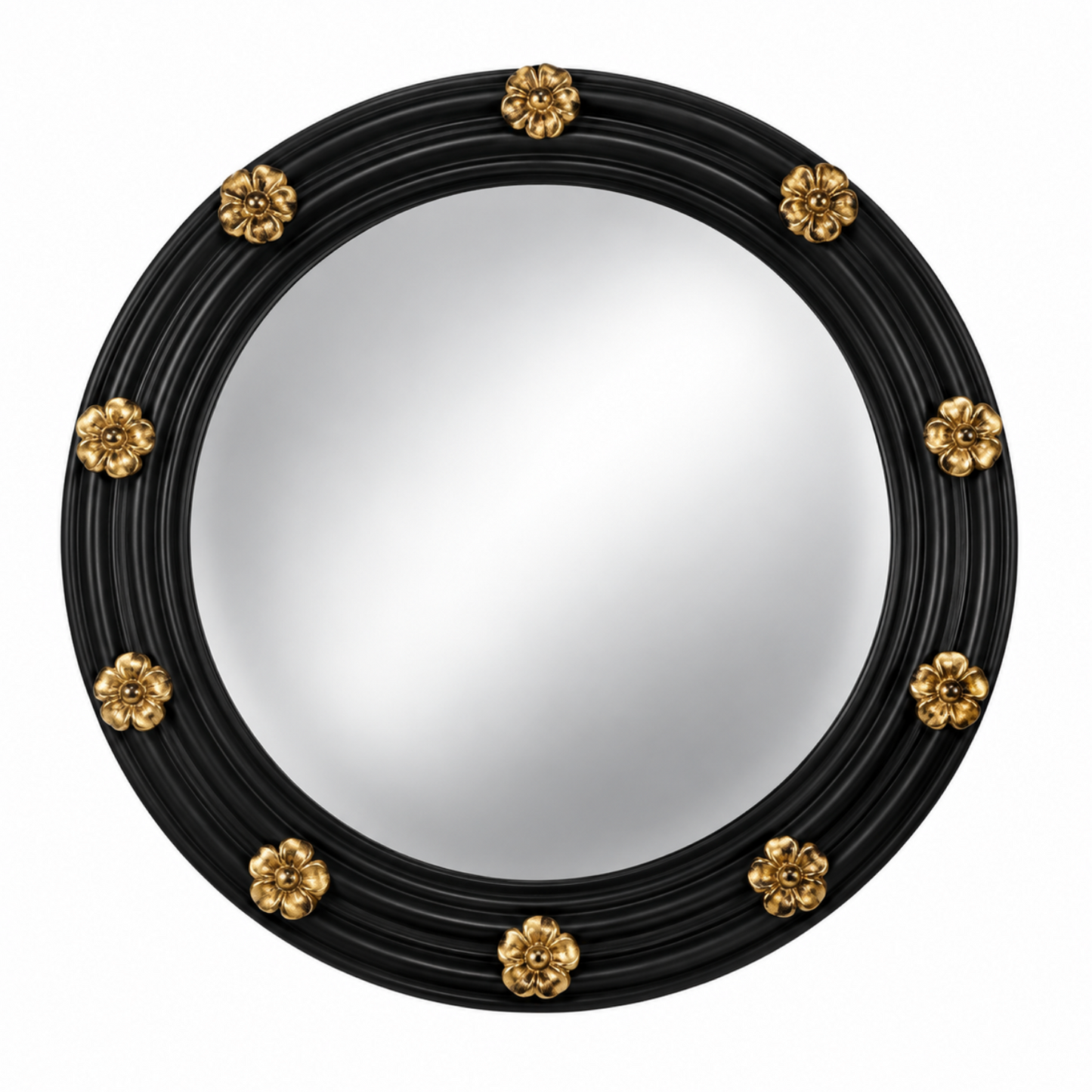Round black wall mirror with a ribbed frame and eight ornate gold floral accents spaced around the border, shown on a plain white background.