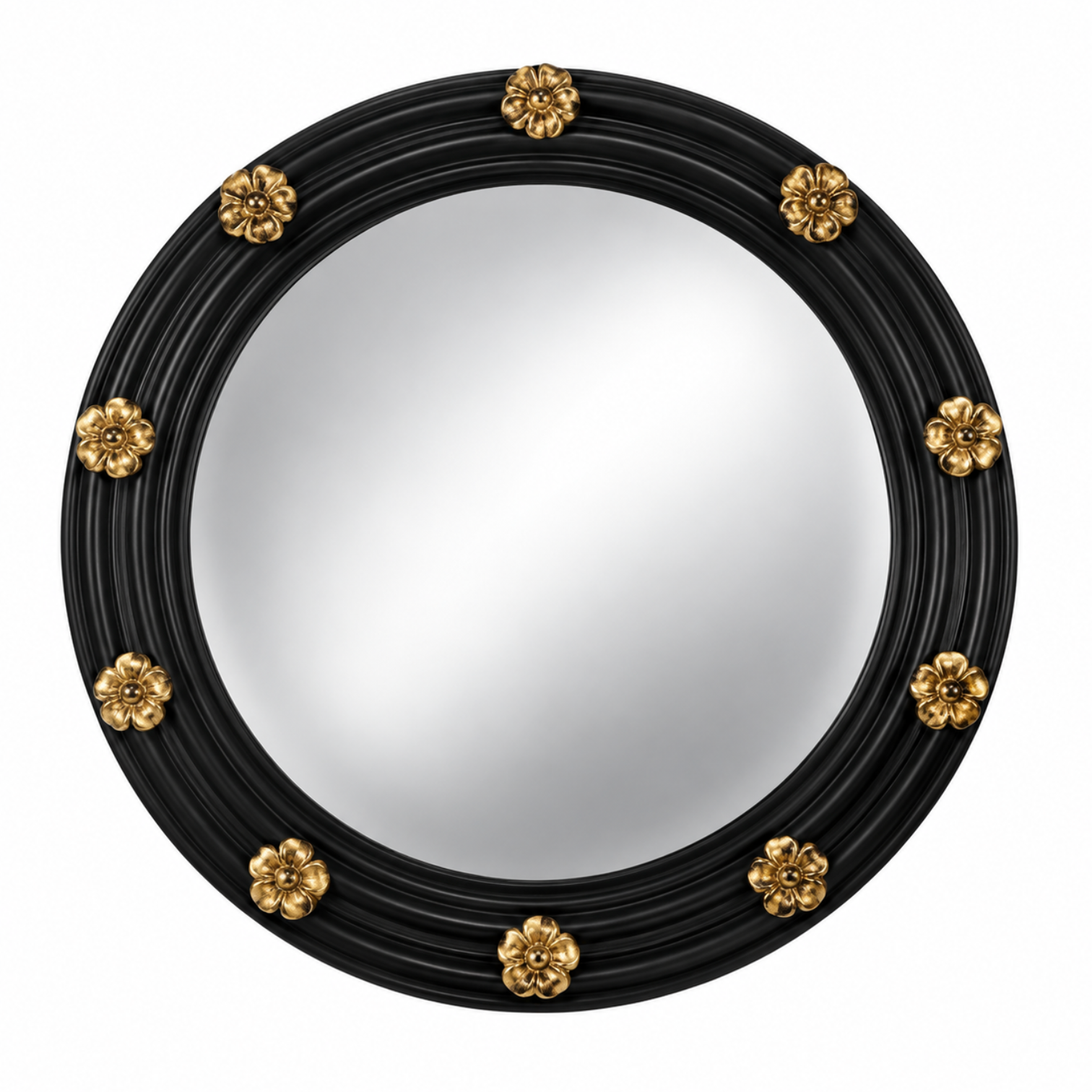 Round black wall mirror with a ribbed frame and eight ornate gold floral accents spaced around the border, shown on a plain white background.