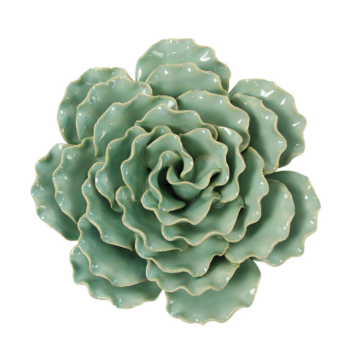 A ceramic succulent-style flower decoration with ruffled petals in a glossy sage green glaze, shown against a plain white background.