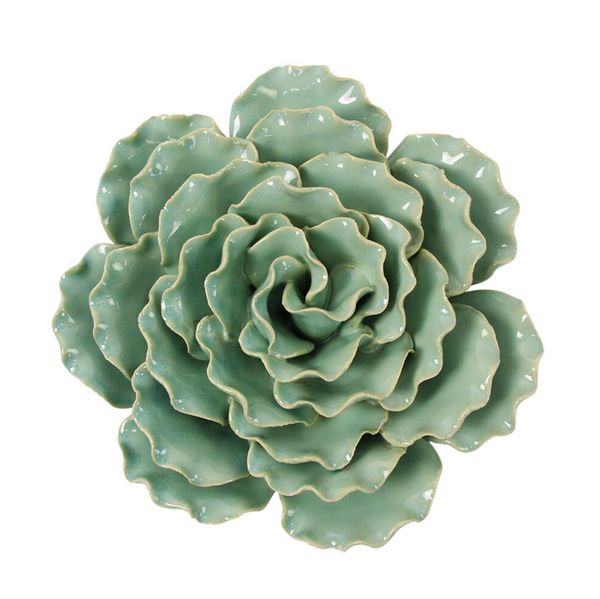 A ceramic succulent-style flower decoration with ruffled petals in a glossy sage green glaze, shown against a plain white background.