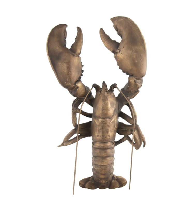 Bronze-coloured lobster wall hanging with raised claws, detailed legs and long antennae against a white background.