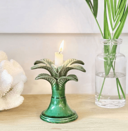 Glazed Palm Candle Holder - Green