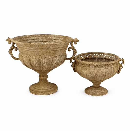 Aged patina metal urns, handled urn and bowl urn - HAROLDS