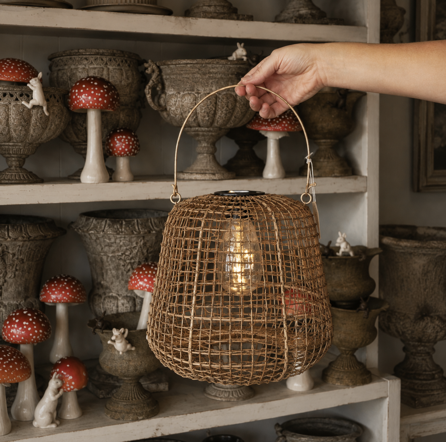 A hand holds a woven rattan basket-style pendant light with a warm glowing bulb inside, set against a shelf display of decorative stone vases and red-and-white mushroom figurines.
