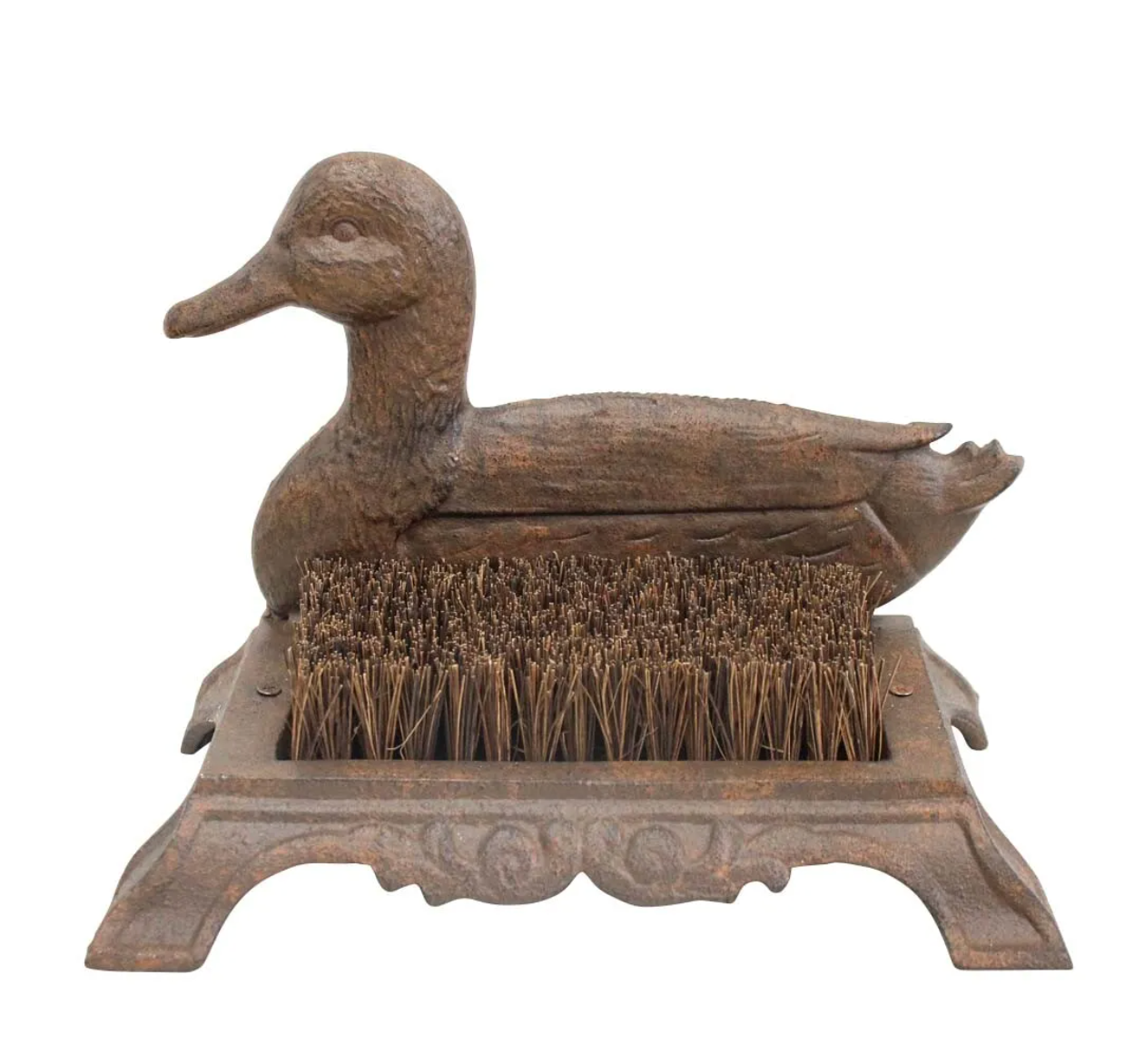 Cast iron duck boot brush with coconut fibre bristles on ornate cast iron base