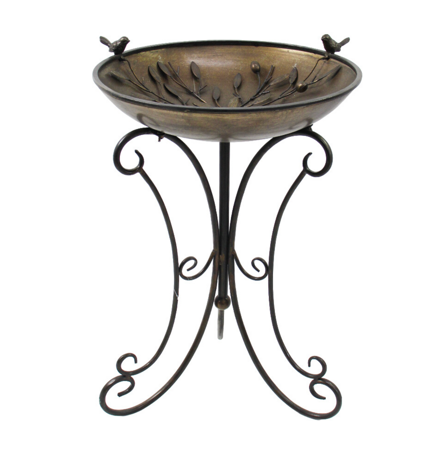 Olive branch bird bath on scrolled iron stand with two perched birds, aged dark bronze finish
