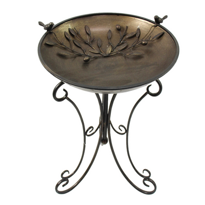 Top view of olive branch bird bath showing embossed olive branch motif and perched birds