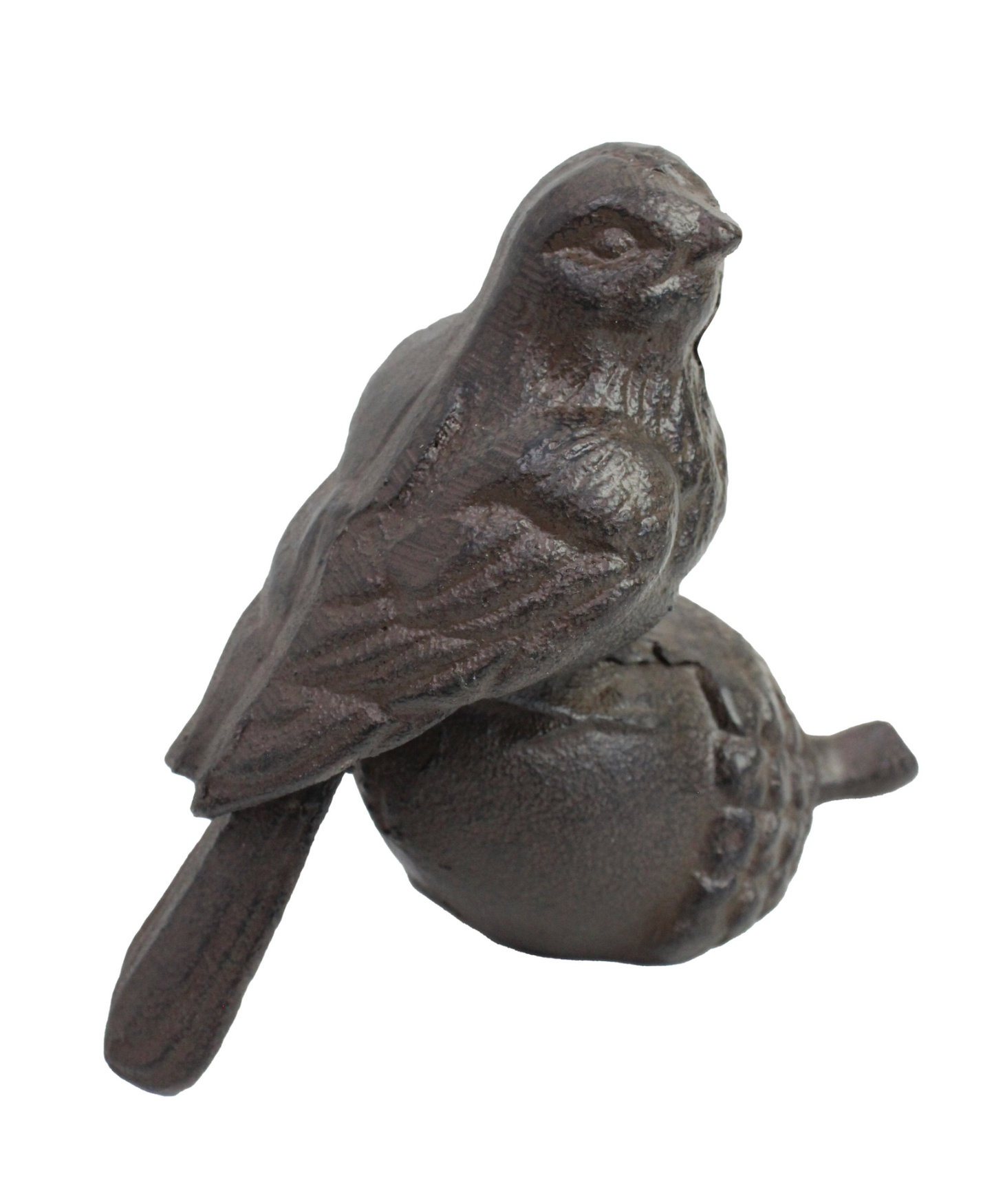 Cast iron bird perched on acorn ornament in dark weathered iron finish