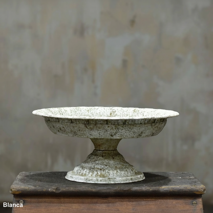 Aria Footed Bowl in Blanca finish - aged chalky white scalloped metal bowl on pedestal base