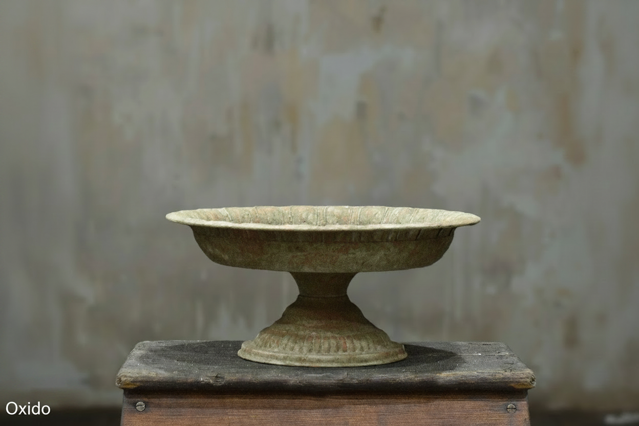 Aria Footed Bowl in Oxido finish - aged bronze scalloped metal bowl on pedestal base