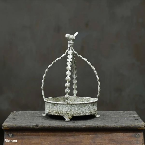 Avilia Bird Planter in Blanca finish - aged white metal footed planter with cast iron bird handle