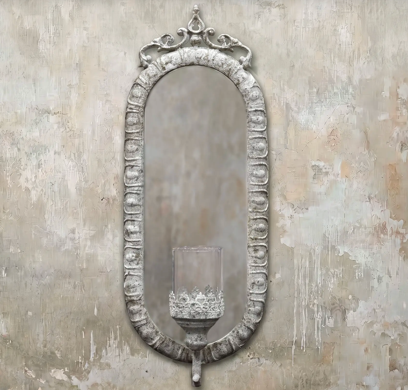 Candelero Wall Mirror Candle Sconce in Blanca finish - aged white oval mirror frame with glass votive and scrollwork crown