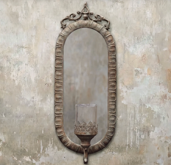Candelero Wall Mirror Candle Sconce in Oxido finish showing full length with arched frame and cast metal candle bracket