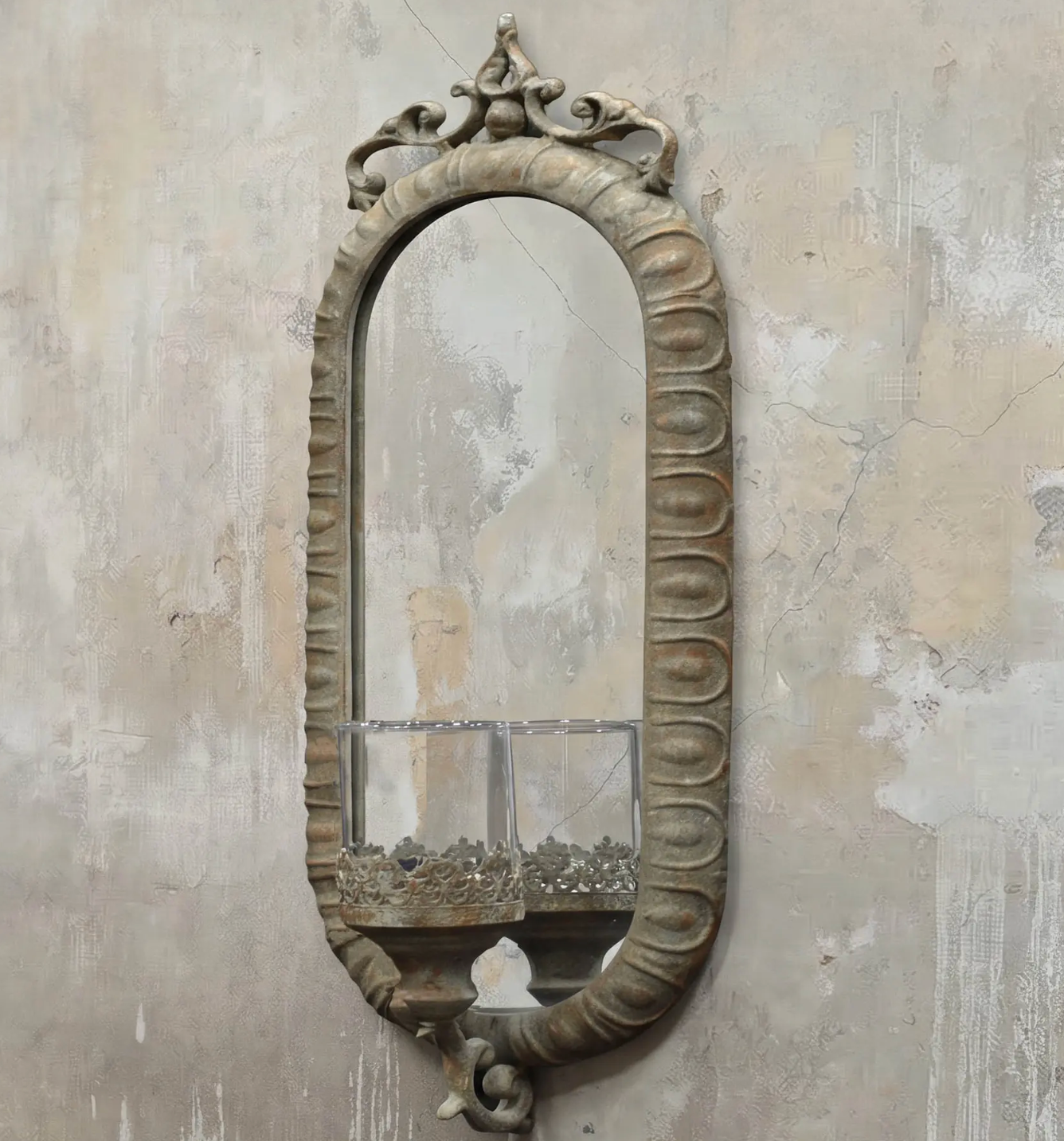 Candelero Wall Mirror Candle Sconce in Oxido finish - aged silver oval mirror frame with glass votive and decorative finial