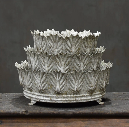 Carla Fluted Bowl set of three in Blanca finish - aged white pressed tin bowls with leaf-edged rim stacked on iron feet