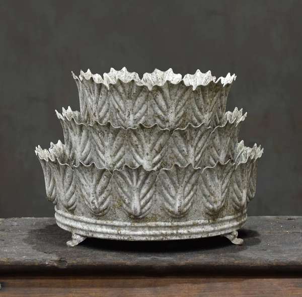 Carla Fluted Bowl set of three in Blanca finish - aged white pressed tin bowls with leaf-edged rim stacked on iron feet