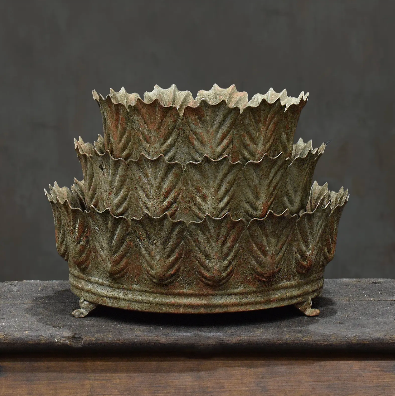 Carla Fluted Bowl set of three in Oxido finish - aged dark bronze pressed tin bowls with leaf-edged rim stacked on iron feet