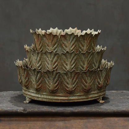 Carla Fluted Bowl set of three in Oxido finish - aged dark bronze pressed tin bowls with leaf-edged rim stacked on iron feet