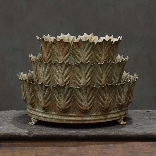 Carla Fluted Bowl set of three in Oxido finish - aged dark bronze pressed tin bowls with leaf-edged rim stacked on iron feet