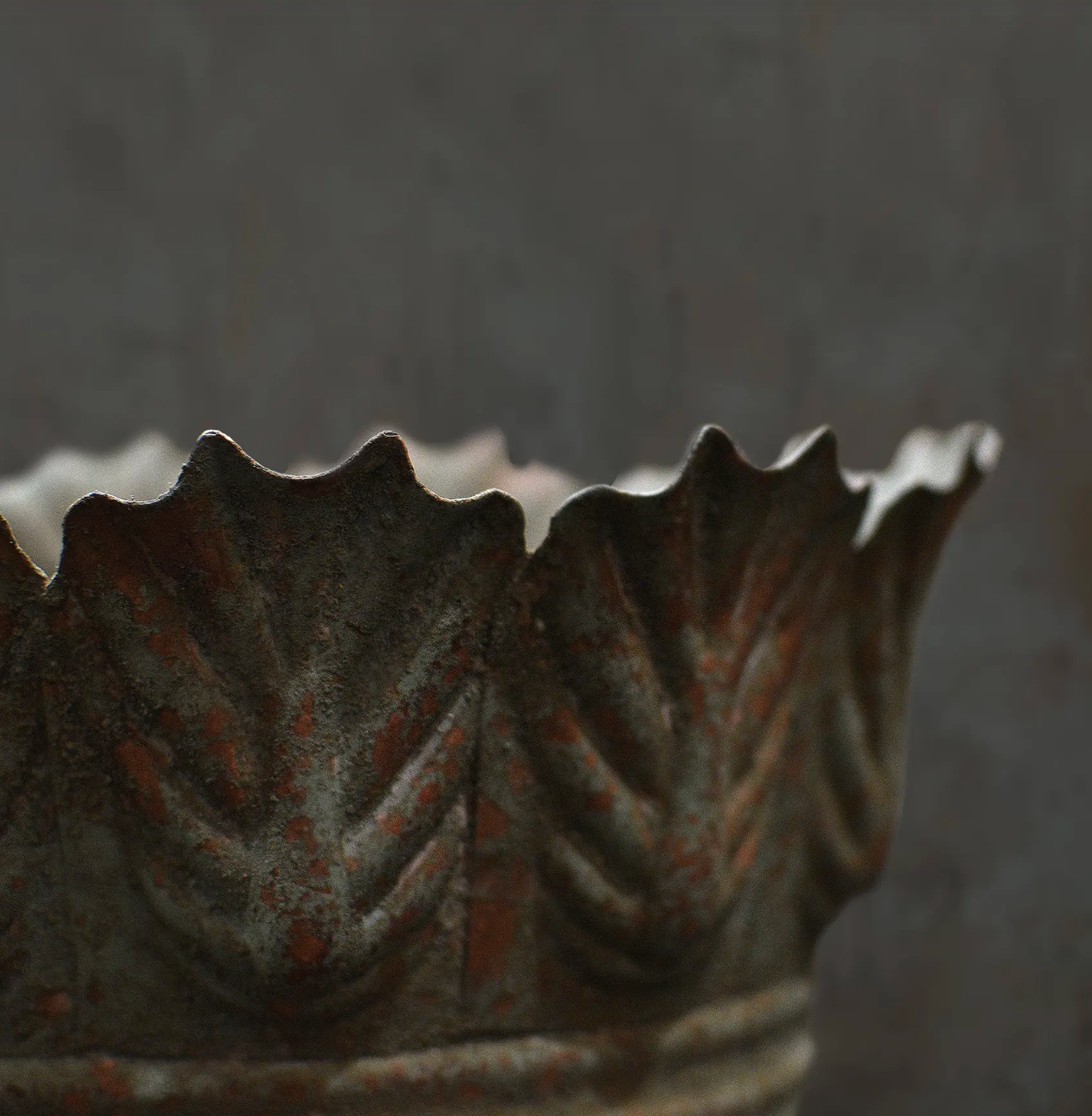 Close detail of Carla Fluted Bowl leaf-edged rim in aged Oxido finish
