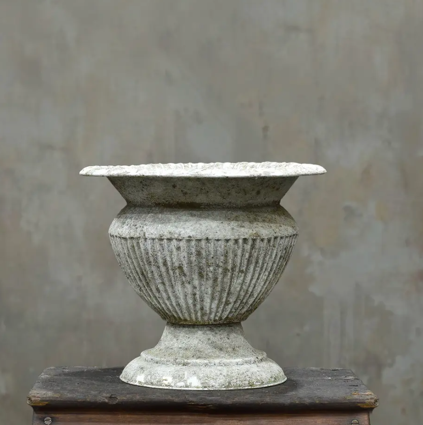 Fluted urn in Blanca finish - single urn with weathered white patina, beaded rim and footed base on timber plinth