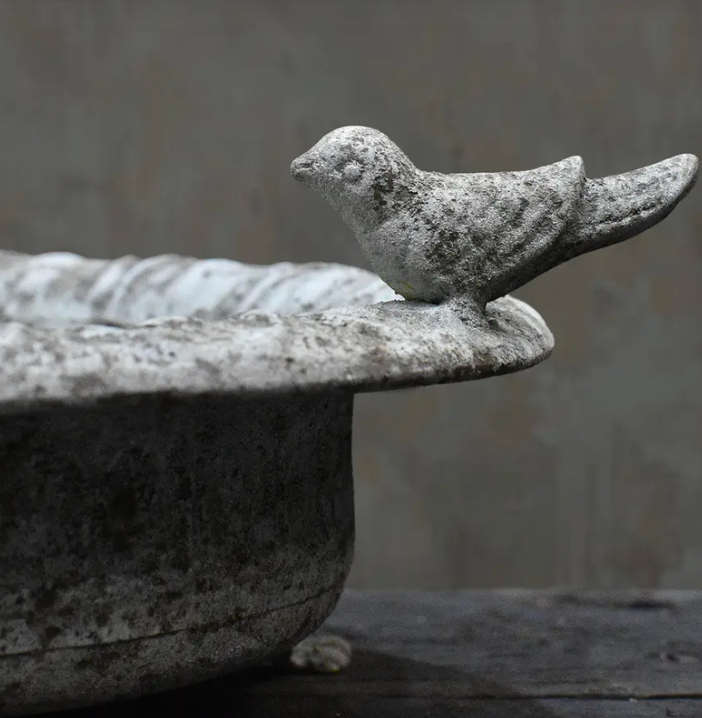 Close detail of small iron claw foot on base of cast iron bird dish
