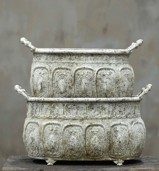Embossed trough planter in Oxido finish - aged bronze patina with foliate panels and side handles