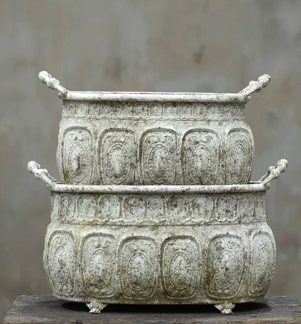 Embossed trough planter in Oxido finish - aged bronze patina with foliate panels and side handles