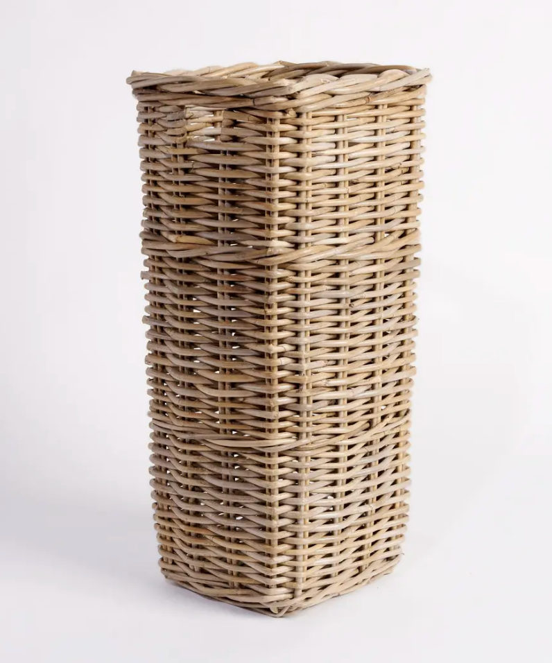 Tall square Kubu cane umbrella stand - front view showing open weave body and flat base