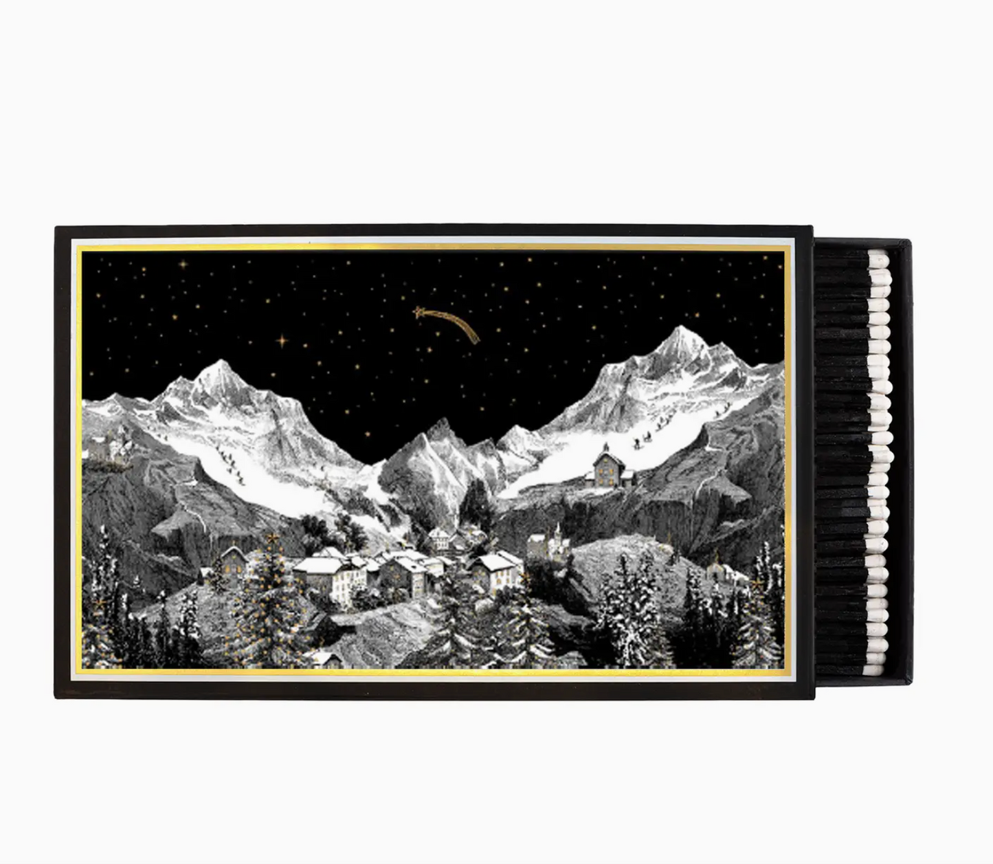 Giant Alpine Lodge matchbox open showing 150 black-tipped white matchsticks and illustrated alpine village scene with gold foil stars