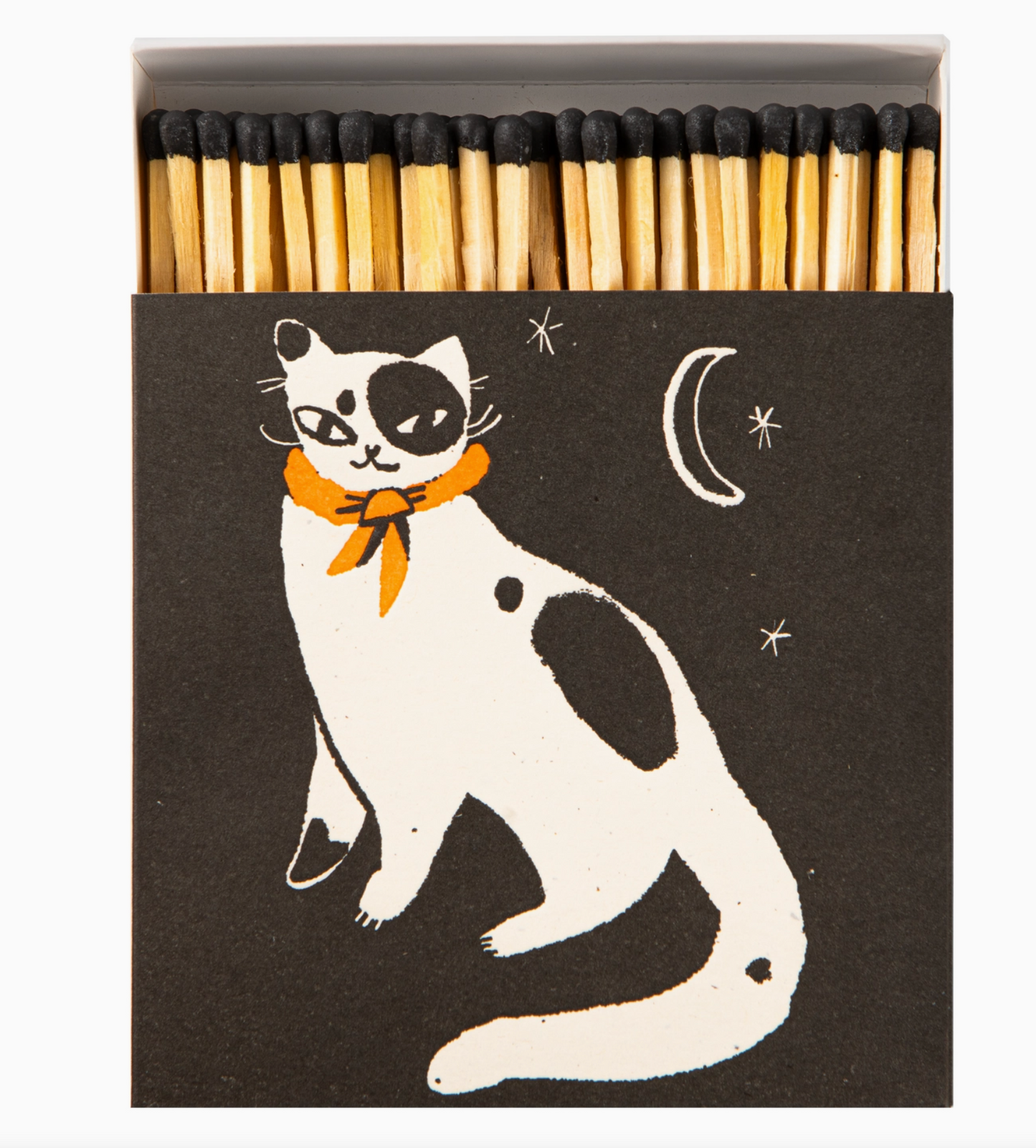 Black Cat Matches open showing 125 black-tipped natural wood matchsticks and illustrated white cat with orange neckerchief on black ground