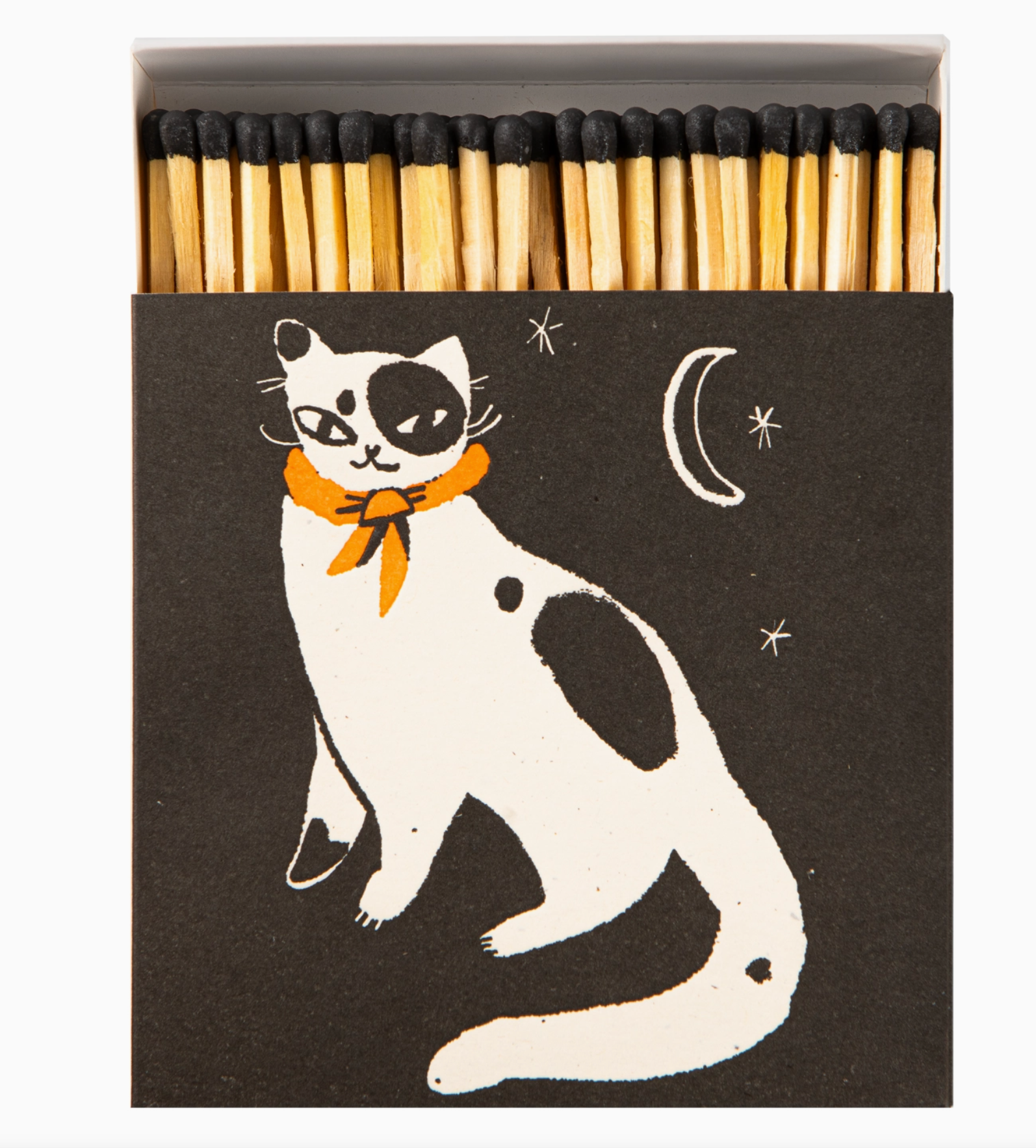 Black Cat Matches open showing 125 black-tipped natural wood matchsticks and illustrated white cat with orange neckerchief on black ground